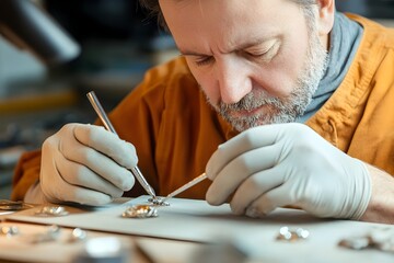 Close up portrait of a skilled jewelry maker intently focusing on polishing a gemstone with precision tools in their cozy well lit workshop setting