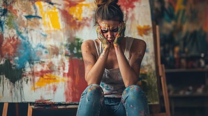 young artist sits with paint-covered hands and face, feeling frustrated in front of a large, vibrant abstract painting. The scene captures the emotional struggle of creative work.