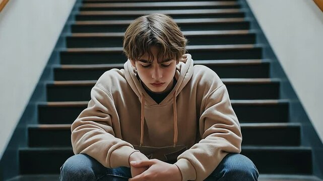 A young teenage child is sitting on steps, his head drooping and dejected.