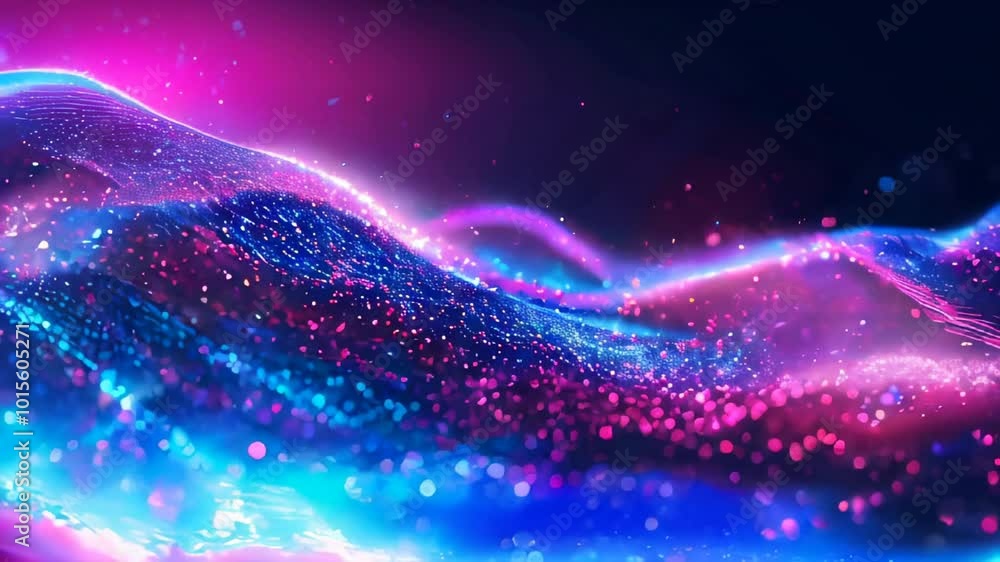 Poster vivid pink and purple abstract data streams with sparkling light particles emphasizing digital techn
