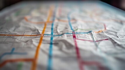 The composition presents a city map with vibrant subway lines and marked stations, highlighting the complexity of navigating a metropolitan transit system. Annotations and route details are visible