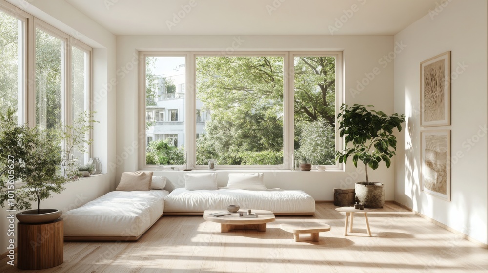 Aufkleber a living room with large windows and a white sectional sofa. natural light streams in from the windo