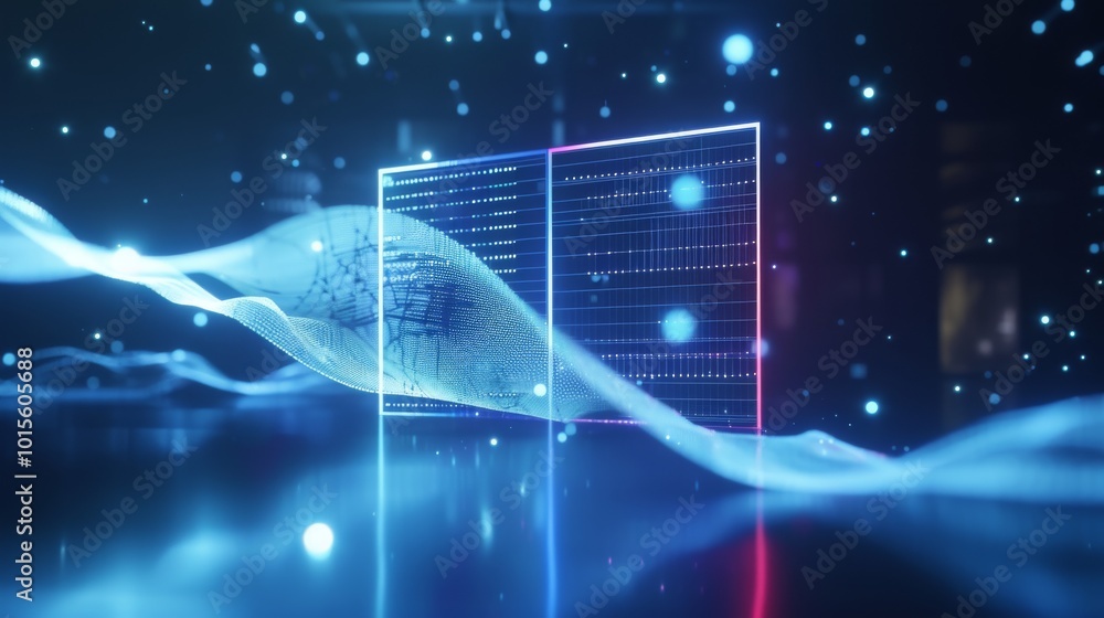 Poster a captivating digital visualization featuring data grids, flowing light waves, and glowing particles