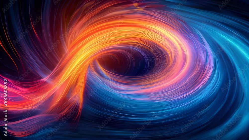 Poster swirling light waves in blue and orange, creating a dynamic and energetic visual effect.