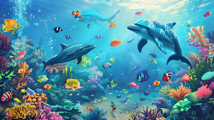 Dolphins swim above a colorful coral reef teeming with life in a breathtaking underwater scene.
