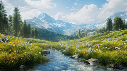 Fototapeta premium A peaceful alpine meadow in the mountains with a crystal-clear stream flowing.