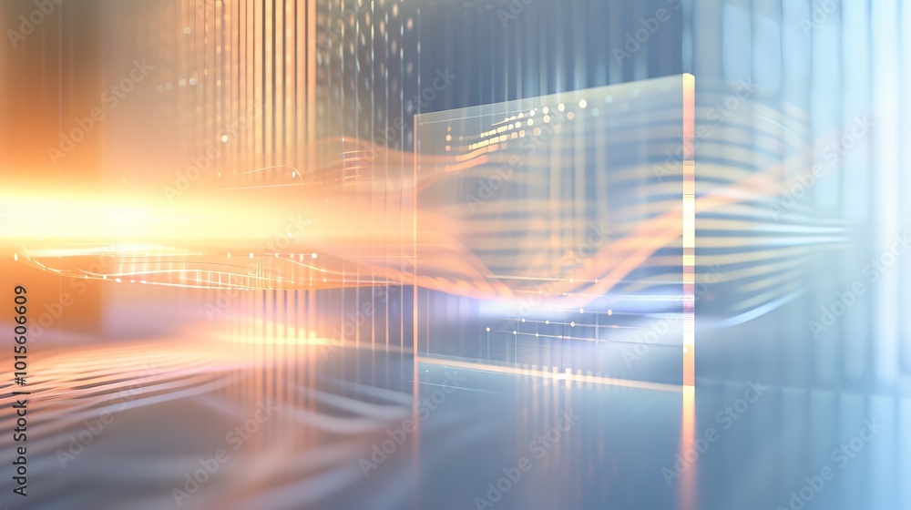 Poster a luminous digital environment with glowing lines, grids, and abstract light streams, representing t