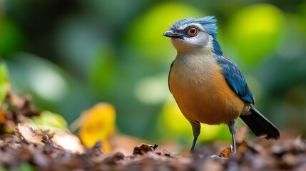 A colorful bird with a blue head and orange chest stands on a bed of leaves in a forest.