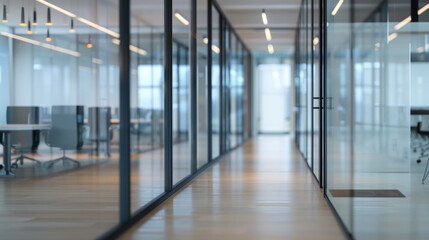 An office interior with modern glass walls, emphasizing the contemporary design and blurred light, creating a clean, futuristic workspace suitable for a corporate business environment