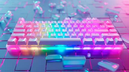 Obraz premium This image showcases a compact mechanical keyboard illuminated with vivid RGB lighting. The glowing keys create a futuristic, tech-savvy ambiance, perfect for gaming or creative workspaces.