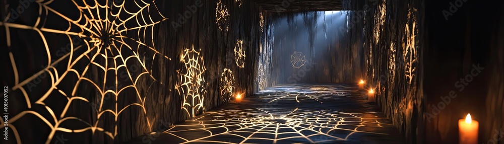 Poster a dimly lit corridor adorned with intricate spider webs and flickering candles, creating a mysteriou