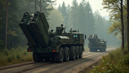 Fototapeta premium Ground-based missile launcher camouflaged in a forest setting, with operators preparing to fire at enemy aircraft overhead.