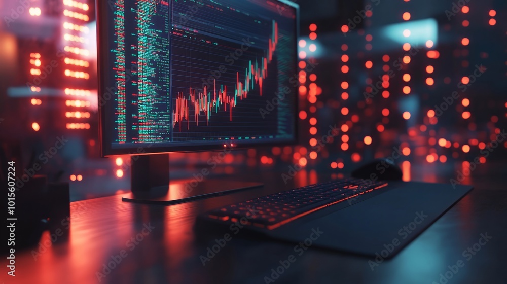 Aufkleber a computer monitor displaying a stock market graph with a keyboard and mouse in the foreground with 