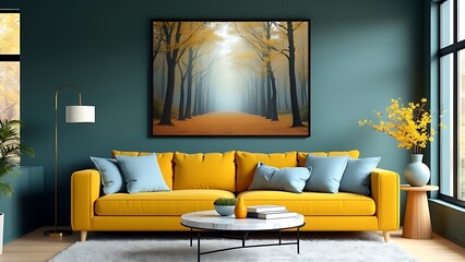 Vibrant yellow sofa and chair near teal wall with poster frame. Scandinavian interior design of modern living room.