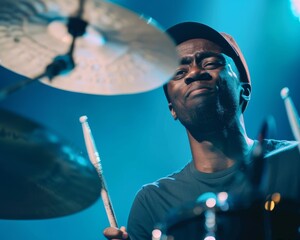 A Black Afro American drummer playing with passion on stage during a live concert, energizing...