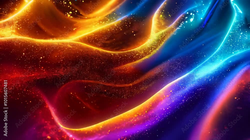Poster digital art of a flowing abstract wave design with glittering particles in a rainbow of colors.