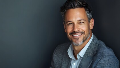 Fototapeta premium Portrait of a Smiling Middle-Aged Man with Graying Hair and a Goatee