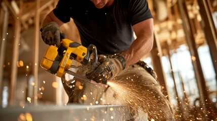 A construction worker cuts metal with a saw, sparks flying.