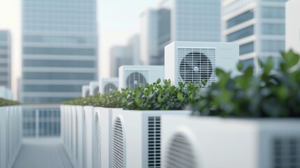Innovative urban landscape showcasing buildings that integrate elastocaloric cooling systems. Their distinct design compared to conventional AC units. Sustainable solution to climate challenges.