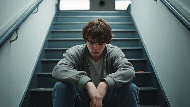 A young teenage child is sitting on steps, his head drooping and dejected.