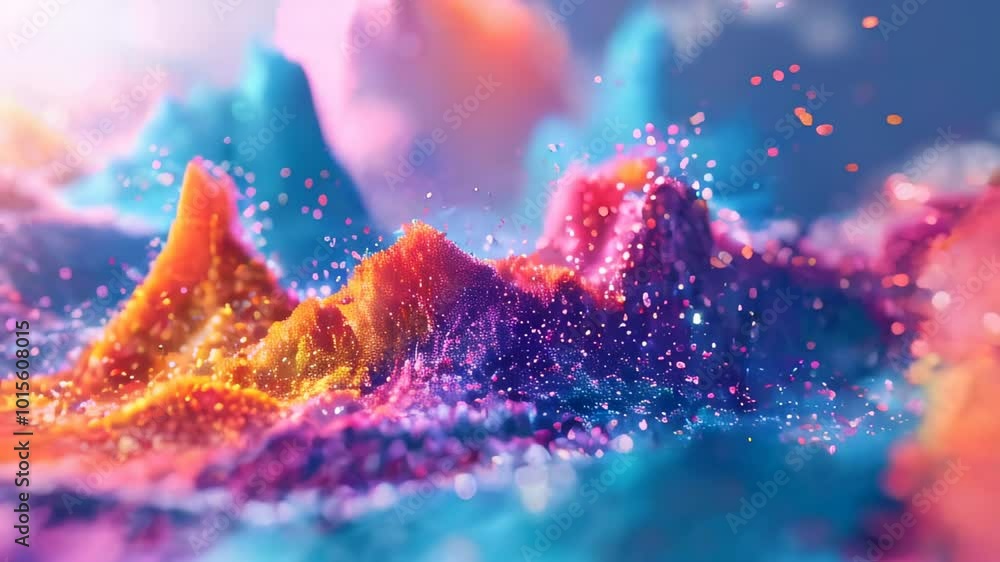 Poster vibrant abstract landscape with colorful peaks and valleys, resembling a digital terrain with dynami