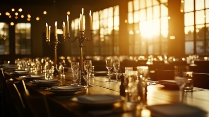 An elegantly set dining table in a historic venue features candelabras, fine china, and crystal glasses, illuminated by the warm glow of the sunset through large windows