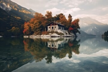 Obraz premium Scenic Mountain Lake House Surrounded by Serene Nature and Reflections