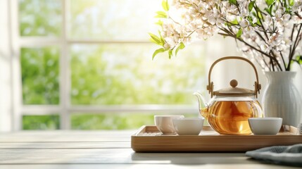 Photorealistic tea ceremony with a wooden tea tray, teapot, and cups, set on a clean table with natural lighting