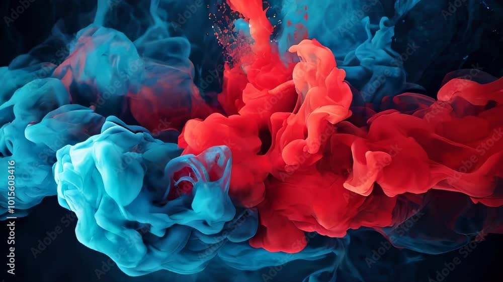 Poster vivid red and blue ink clouds swirling in water, creating a dynamic abstract pattern with vibrant co