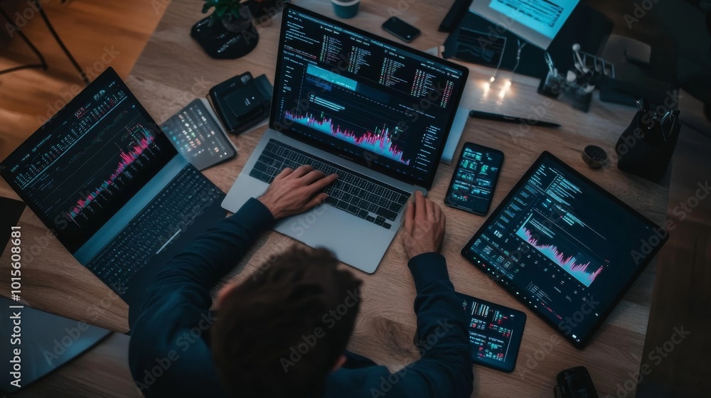 Poster the businessman focuses on his tasks at a sleek desk, surrounded by multiple devices displaying anal