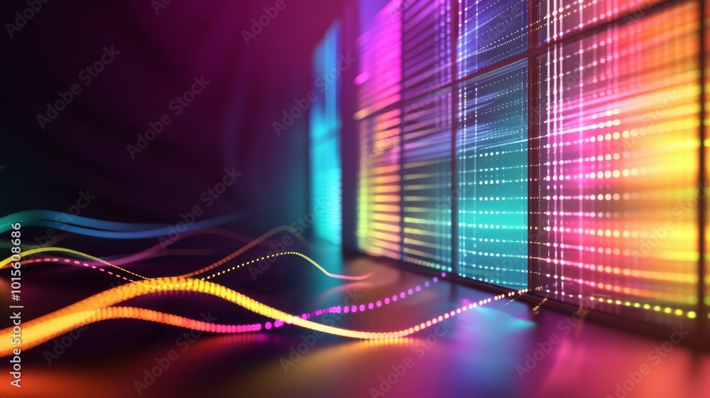 Poster this striking image depicts glowing digital waves and abstract light patterns in vibrant colors. per