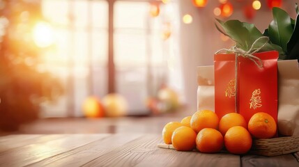 Table with red envelopes and tangerines symbolizing wealth and luck for the New Year