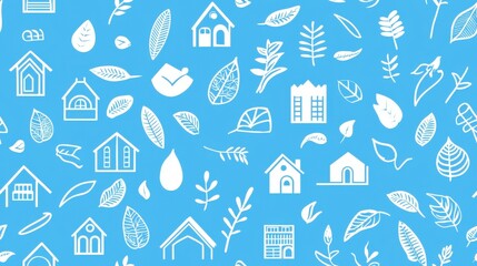 Fototapeta premium Traditional Indian houses and dense foliage forming a flowing intricate line art pattern on a light blue background