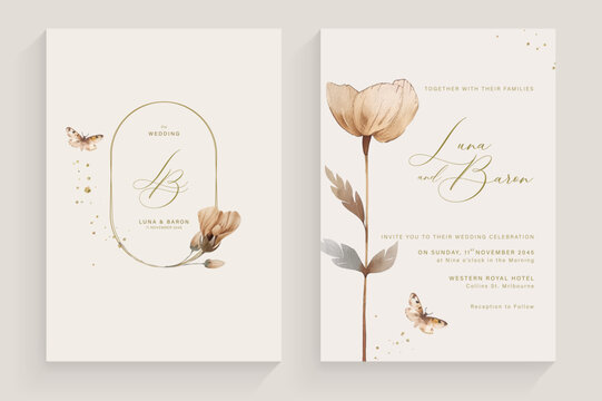 Simple Wedding Invitation Tempate with Aesthetic Flower Watercolor Arrangement