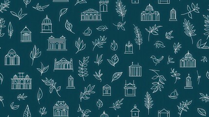 Matisse-style hand-drawn line art pattern of Indian village life featuring traditional architecture and greenery on blue