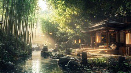 Serene Japanese Zen garden with bamboo trees and traditional house by a tranquil stream under soft sunlight.