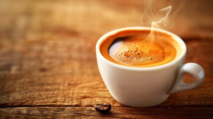 Steaming hot espresso coffee in a white cup on a rustic wooden table, perfect for morning beverage and cafe themes.
