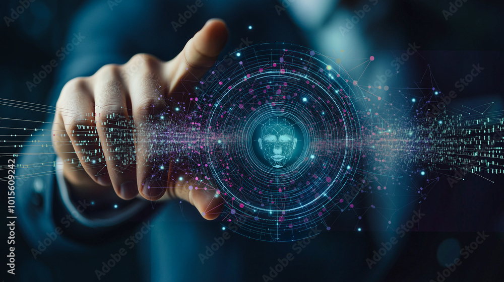 Poster business leader employing facial recognition for secure access control; futuristic interface with bi