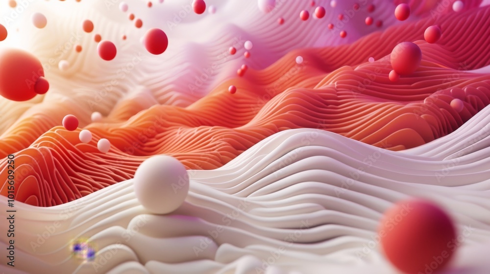 Poster a futuristic 3d abstract design featuring undulating waves and floating red and white spheres. the i