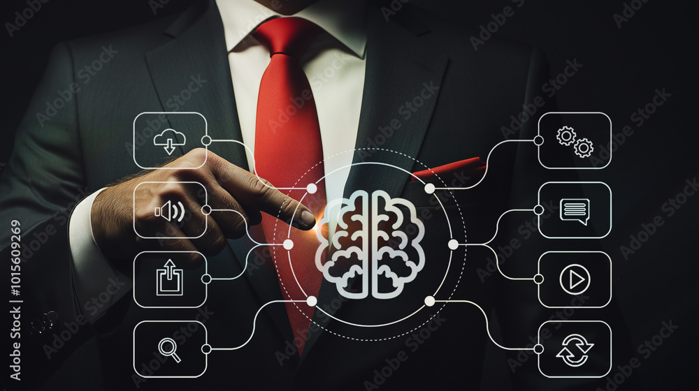 Poster business strategist manipulating cognitive technology interface; digital brain model linked to vario