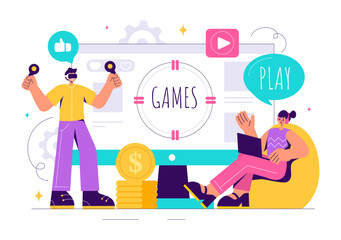 Video Games Vector Illustration with Programmers Playing Gamepad Controllers in Console Fights on Android, Mobile, and Computer in a Flat Background