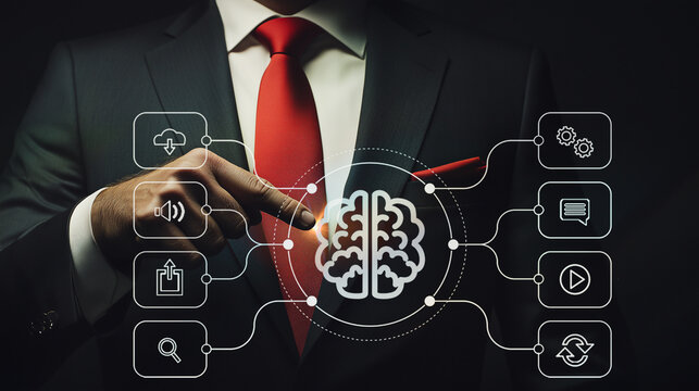 Business strategist manipulating cognitive technology interface; digital brain model linked to various strategic functions for enhanced decision-making.