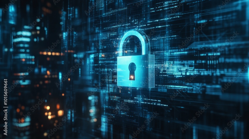 Poster a digital padlock sits in front of a swirling background of binary code, representing digital securi