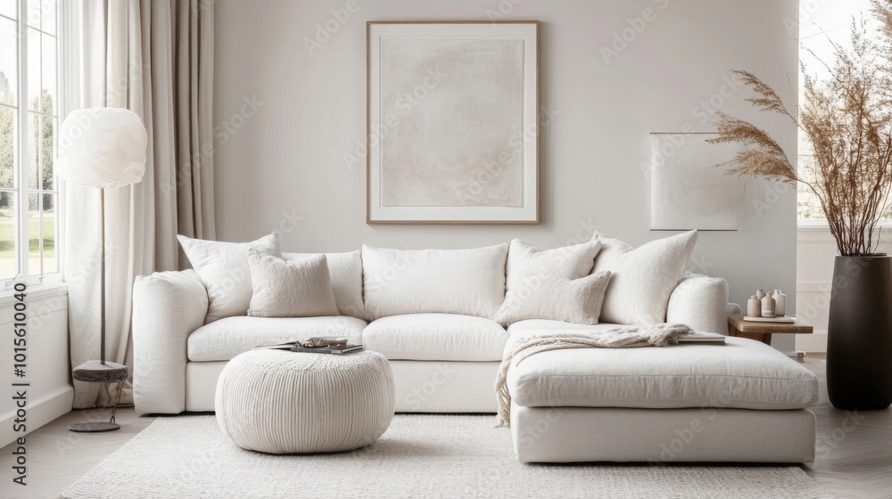 Aufkleber the bright living room showcases a plush white sectional sofa adorned with multiple cushions, comple