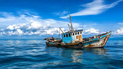 Obraz premium abandoned fishing boat slowly sinking into sea, surrounded by calm waters and beautiful blue sky. scene evokes sense of nostalgia and tranquility
