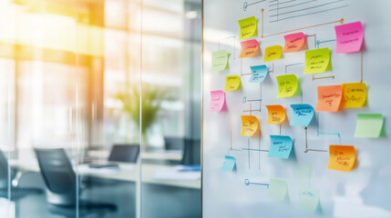 colorful flowchart made of sticky notes is displayed on whiteboard in modern office setting, showcasing collaborative planning process. vibrant notes reflect creativity and teamwork