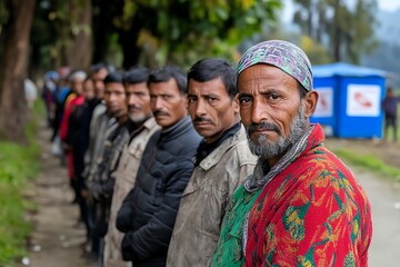 Obraz premium Group of rural villagers standing in line for food aid, with worn-out clothes and tired expressions, showing the reliance on external help in times of poverty