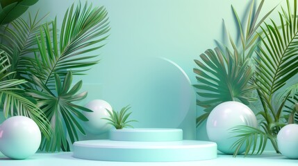 Fototapeta premium A modern tropical-themed design showcasing lush green palm leaves surrounding abstract mint-colored 3D spheres on a tiered platform. The fresh and vibrant composition exudes a tropical, exotic feel