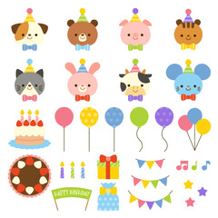 Set of cute birthday party animals and design elements, featuring jagged edges for a playful hand-drawn effect.