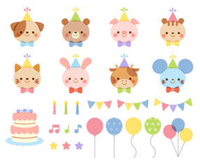 Set of cute birthday party animals and design elements, using soft pastel colors and an overprint effect for a playful, textured look.